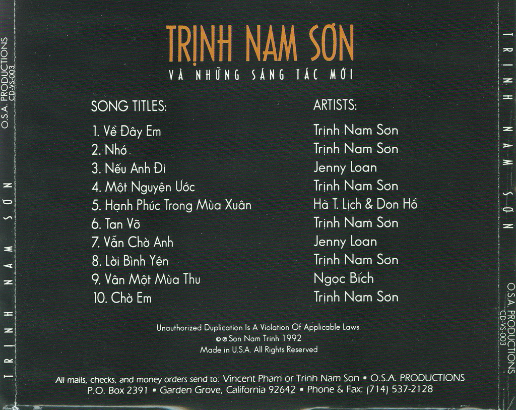OSA Productions CD003 - Trịnh Nam Sơn Và Những Sáng Tác Mới