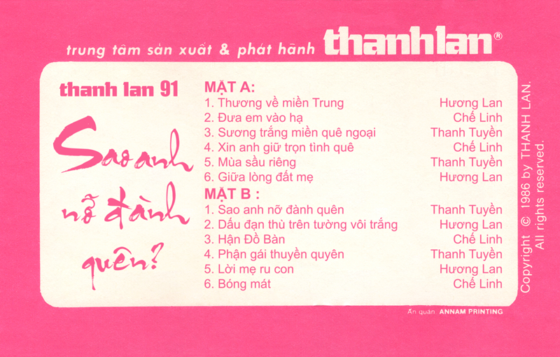 Tape Thanh Lan 91 - Sao Anh Nỡ Đành Quên