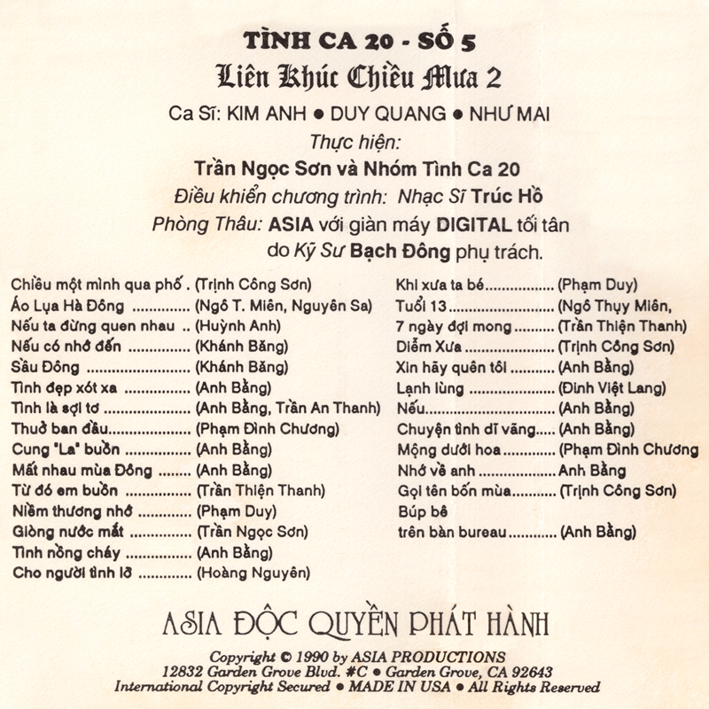 Tape Asia - Tình Ca Hai Mươi 5 - Liên Khúc Chiều Mưa 2