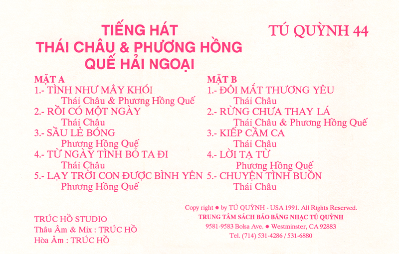 Tape Tú Quỳnh 44 - Tiếng Hát Thái Châu & Phương Hồng Quế