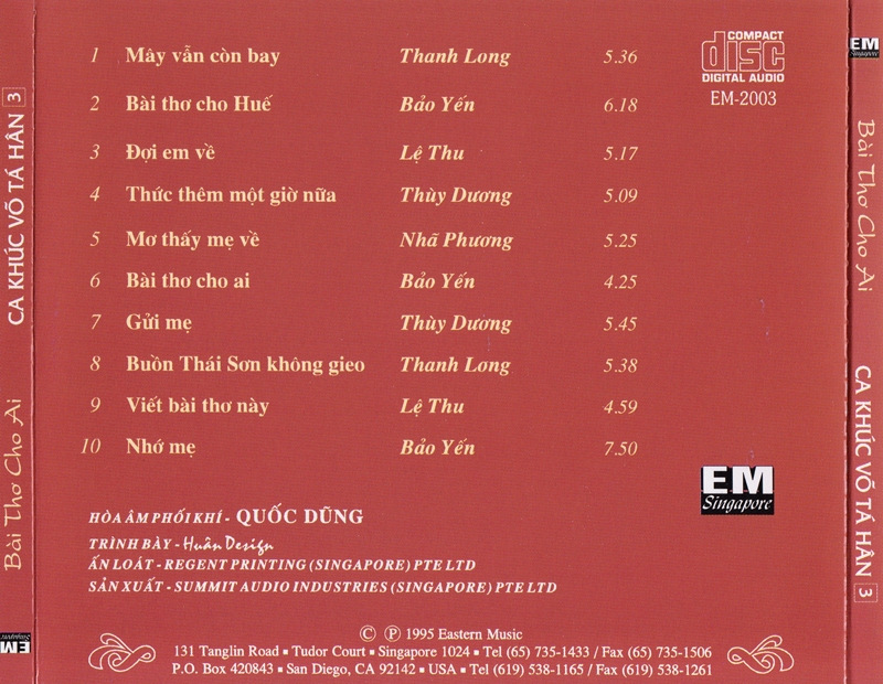 Eastern CD - Ca Khúc Võ Tá Hân 3 - Bài Thơ Cho Ai