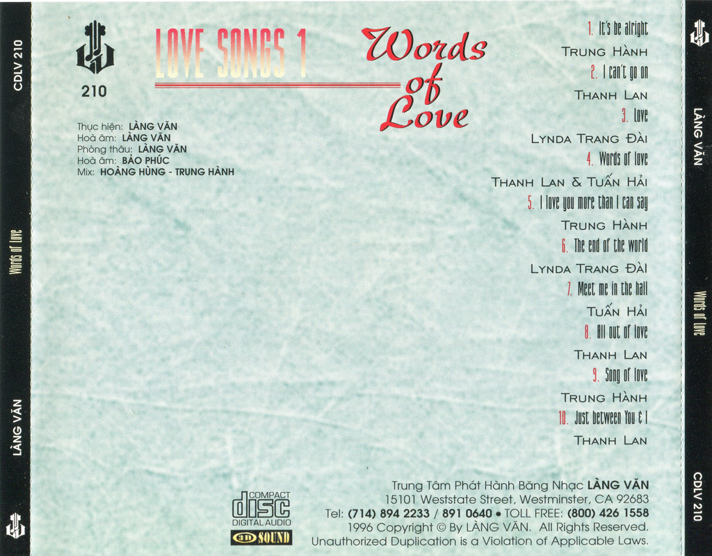 Làng Văn CD210 - Words Of Love - Love Song 1