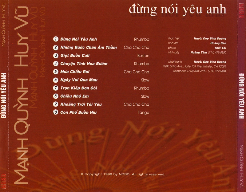 Người Đẹp Bình Dương CD - Mạnh Quỳnh và Huy Vũ - Đừng Nói Yêu Anh (1998)