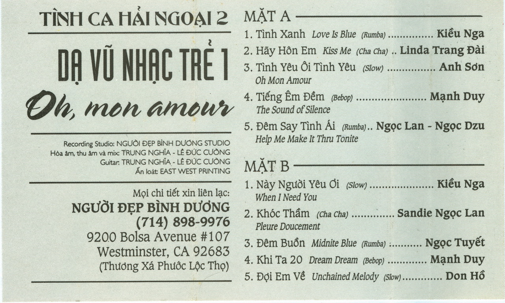 Tape Tình Ca Hải Ngoại 2 - Dạ Vũ Nhạc Trẻ 1 - Oh Mon Amour