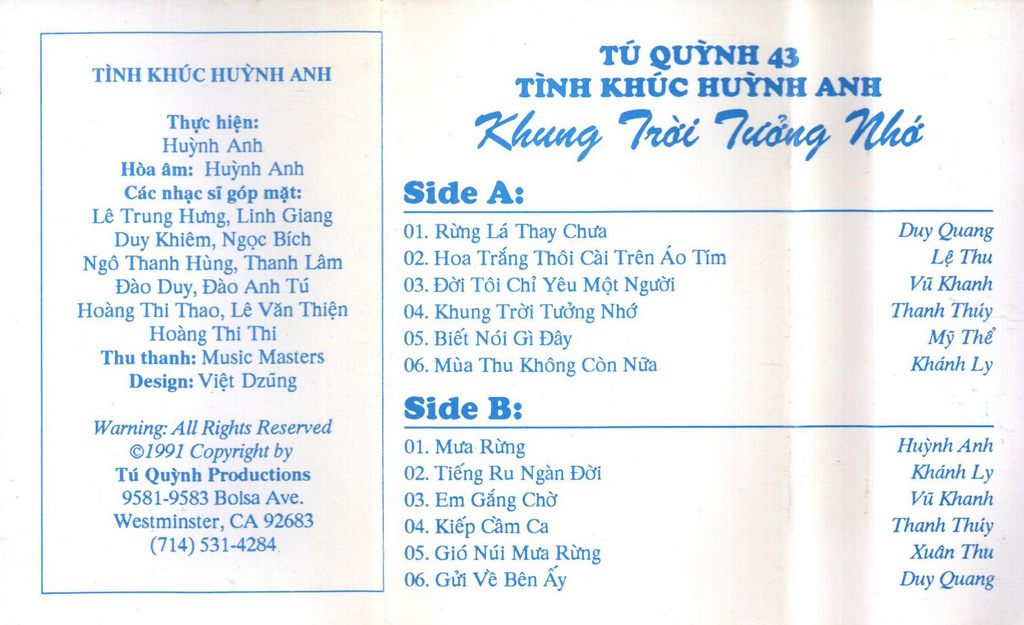 Tape Tú Quỳnh 43 - Tình Khúc Huỳnh Anh - Khung Trời Tưởng Nhớ