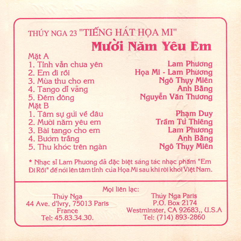 Tape Thúy Nga 23 - Mười Năm Yêu Em - Họa Mi
