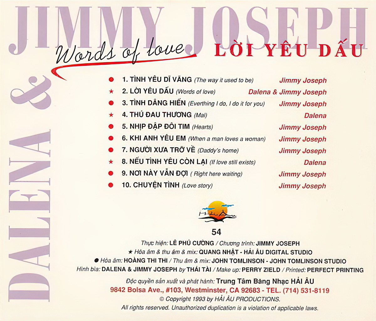Hải Âu CD54 - Words Of Love - Dalena &  Jimmy Joseph