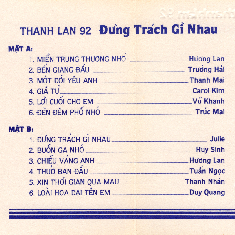 Tape Thanh Lan 92 - Đừng Trách Gì Nhau